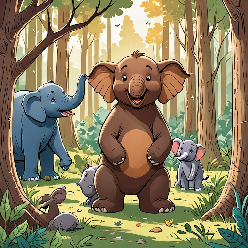a group of elephants standing in the forest together with a baby elephant in the foreground and an adult elephant in the background, sumatraism, a storybook illustration, Chris LaBrooy, storybook illustration