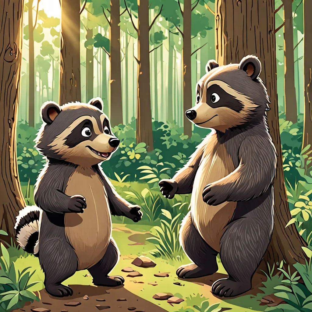 two raccoons standing in the woods near a tree trunk and a path with rocks and grass on it, furry art, a storybook illustration, Chris LaBrooy, official art