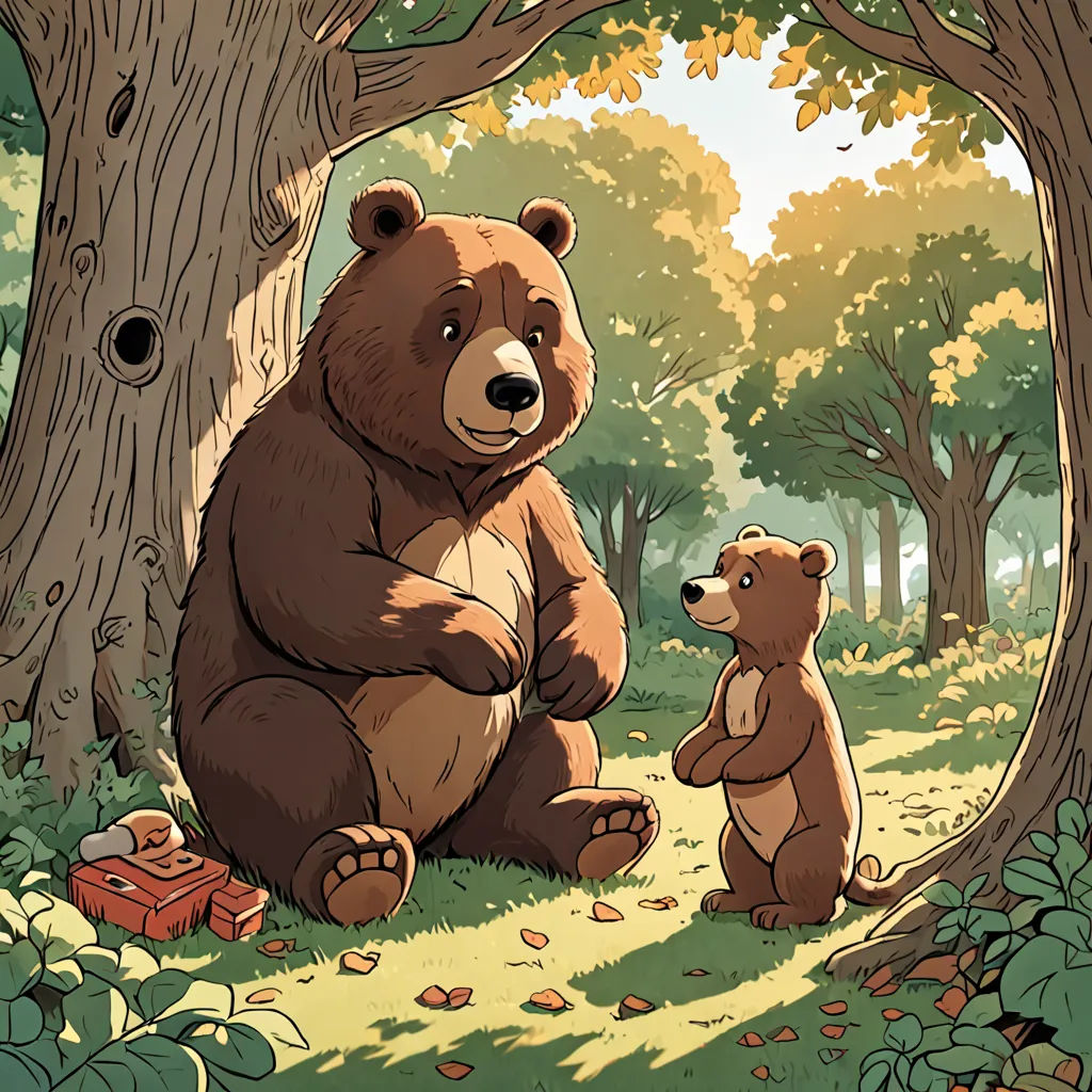 a bear and a cub sitting in the woods together, with a trunk in the foreground and a trunk in the background, furry art, a storybook illustration, Diego Gisbert Llorens, storybook illustration