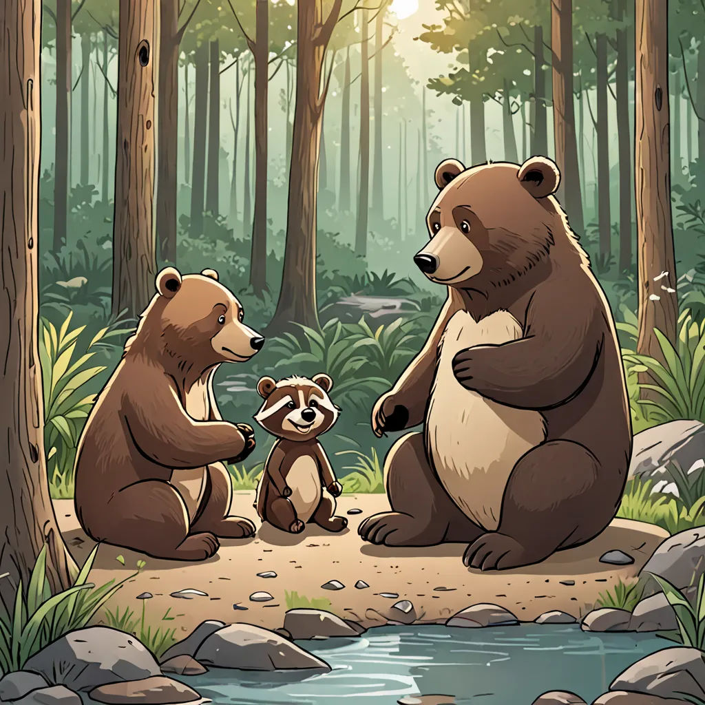 a couple of bears sitting on top of a forest floor next to a river and a forest filled with trees, sots art, a storybook illustration, Dan Mumford, official art