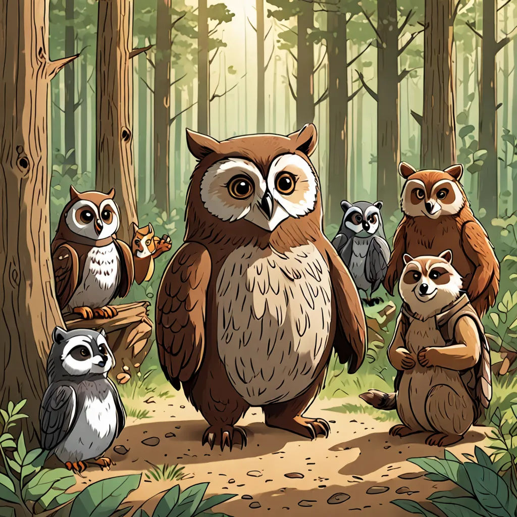 a group of owls standing in the woods together with a raccoon nearby on a tree stump in front of them, sots art, a storybook illustration, Dan Mumford, storybook illustration