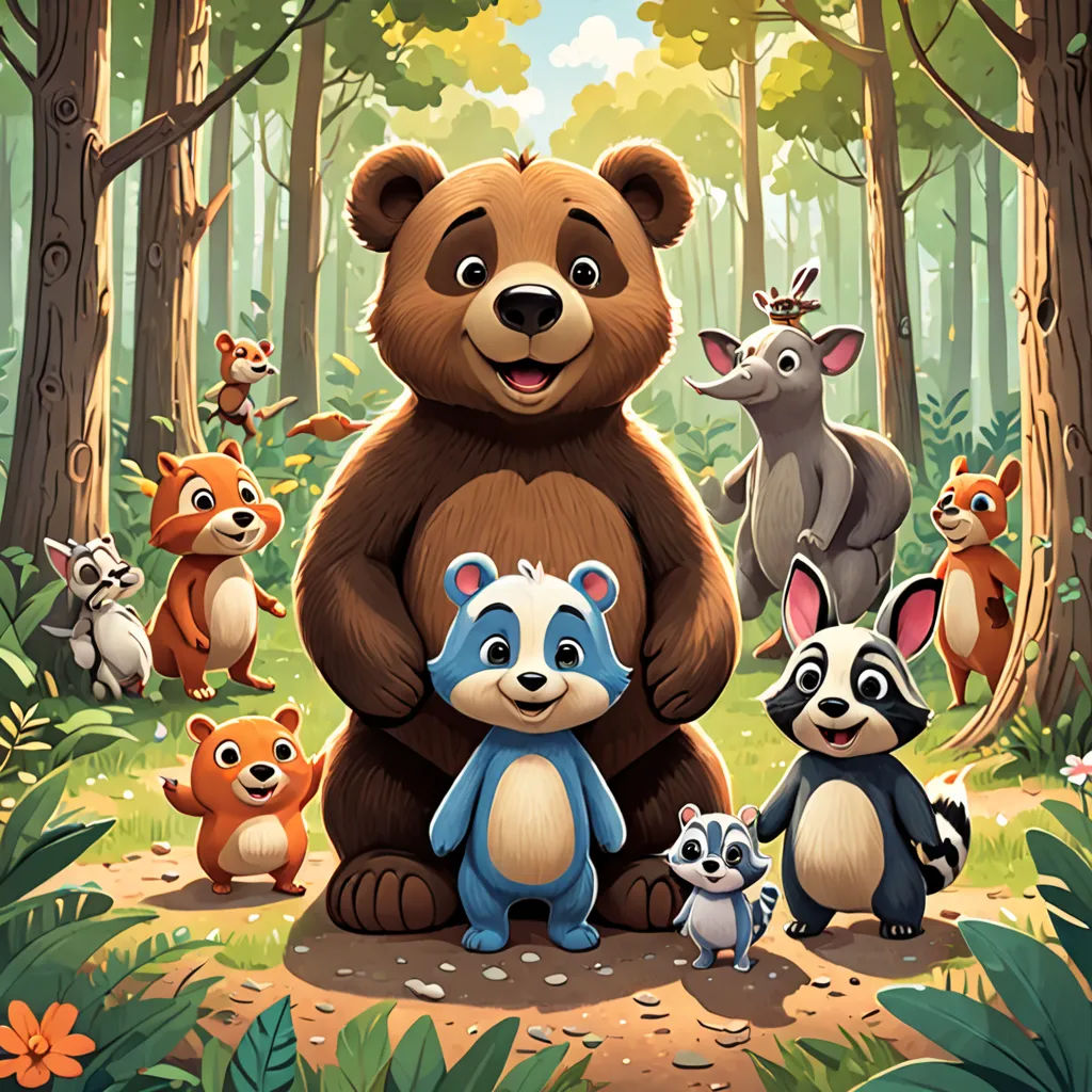 a bear surrounded by other animals in a forest setting with trees and flowers in the background, with a sky background, sots art, a storybook illustration, Chris LaBrooy, promotional image