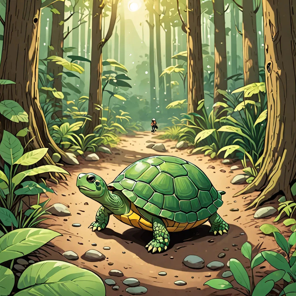 a green turtle is walking through a forest with a person in the background on a path through the trees, fantasy art, a storybook illustration, Chris LaBrooy, storybook illustration