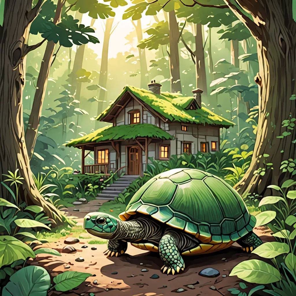 a turtle is walking in front of a house in the woods with a green roof and a green roof, fantasy art, a storybook illustration, Chris LaBrooy, storybook illustration