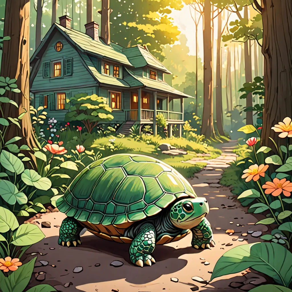 a painting of a turtle walking in front of a house in the woods with flowers and trees around it, american scene painting, a storybook illustration, Dan Mumford, storybook illustration