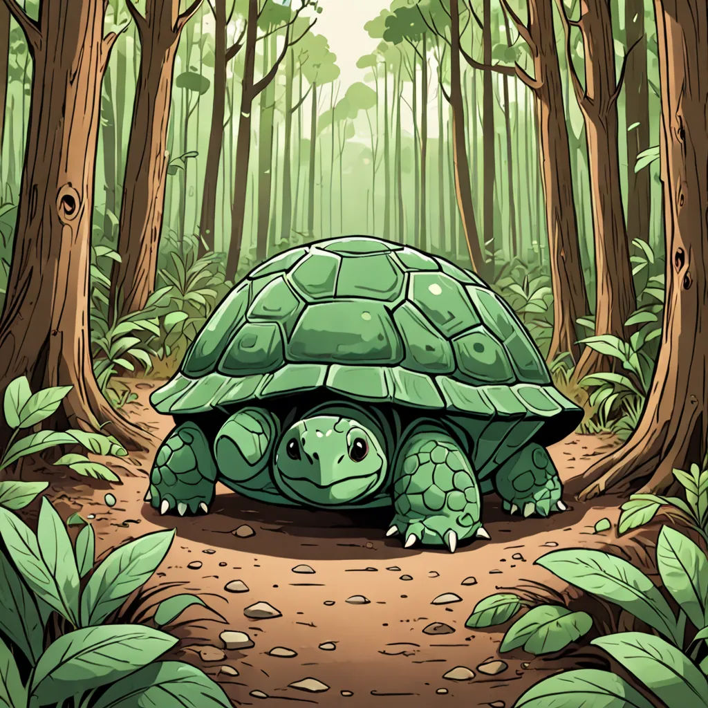 a cartoon turtle is walking through a forest with trees and leaves on the ground and a path leading to it, sots art, a storybook illustration, Dan Mumford, storybook illustration