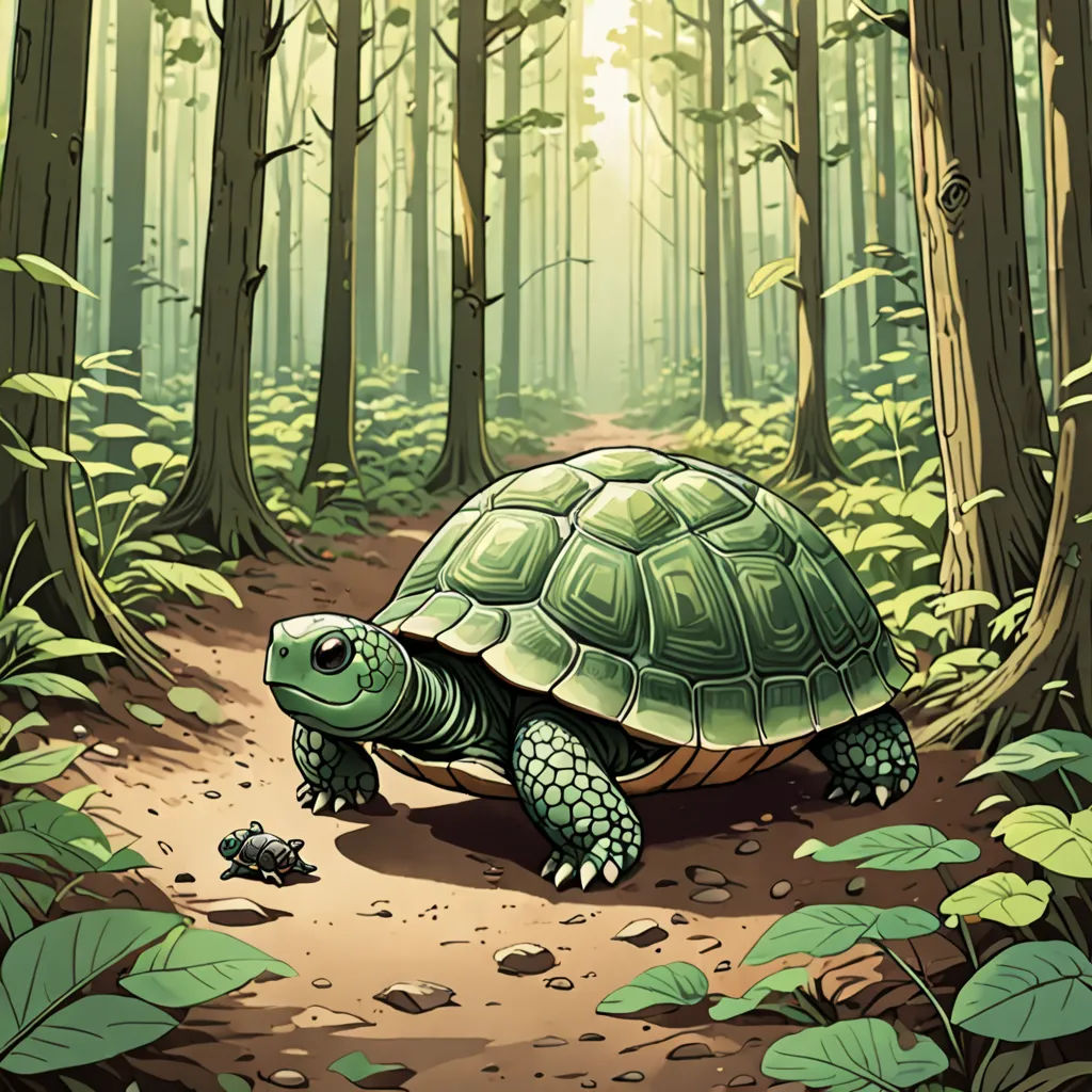 a turtle walking through a forest with a baby turtle on the ground next to it's head and a baby turtle on the ground, fantasy art, a storybook illustration, Dan Mumford, storybook illustration