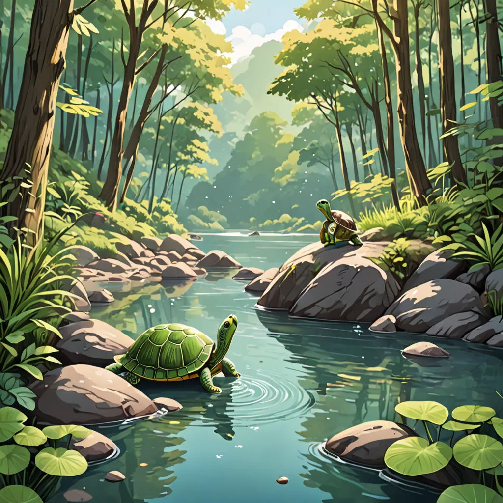 a painting of a turtle in a river surrounded by trees and rocks with lily pads on the water's edge, environmental art, a storybook illustration, Dan Mumford, official art