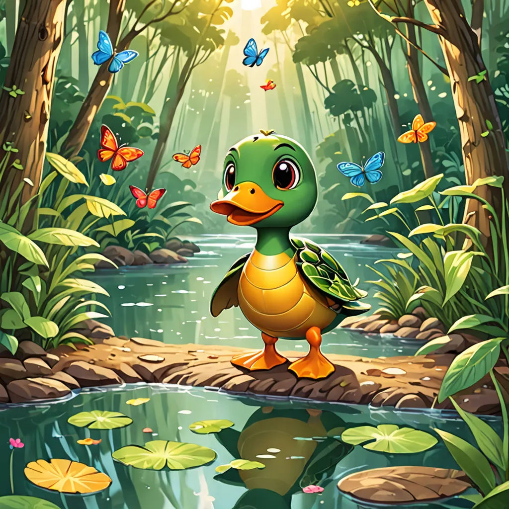 a duckling is standing in the middle of a pond with butterflies flying around it and a pond with lily pads, lyco art, a storybook illustration, Chris LaBrooy, official art