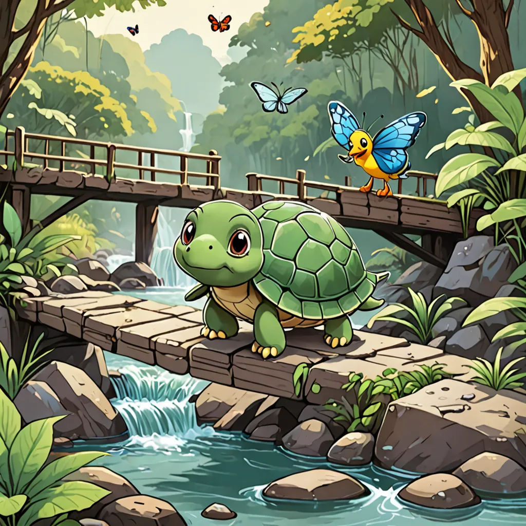 a turtle crossing a bridge over a river with a butterfly flying above it and a bird on the bridge, sots art, a storybook illustration, Chris LaBrooy, official art
