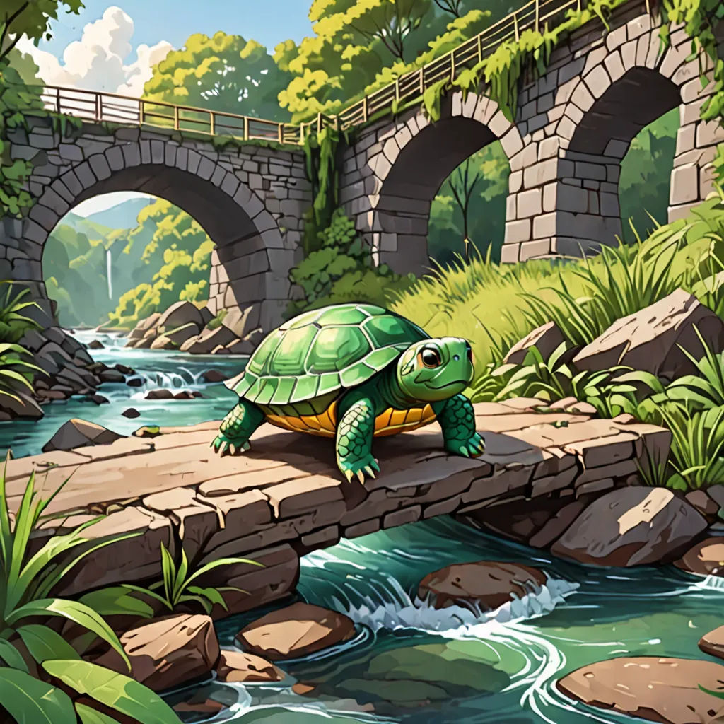 a turtle crossing a bridge over a river in a forest with a bridge in the background and a bridge over the water, sots art, a storybook illustration, Dan Mumford, official art