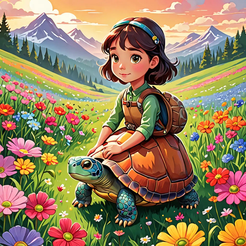 a painting of a girl sitting on a turtle in a field of flowers with mountains in the background and a sunset, naive art, a storybook illustration, Cliff Childs, official art
