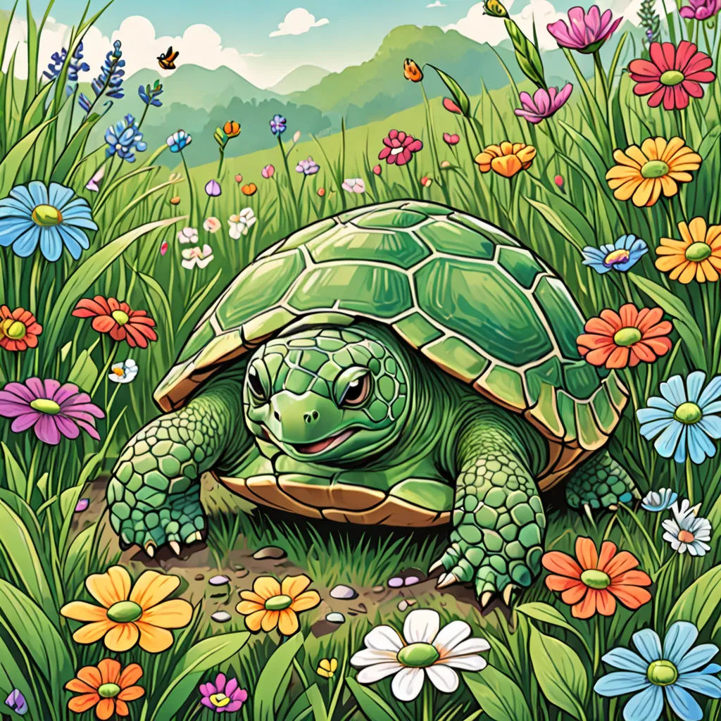 a painting of a turtle in a field of flowers and grass with a mountain in the background and a blue sky, psychedelic art, a storybook illustration, Chris LaBrooy, highly detailed digital painting