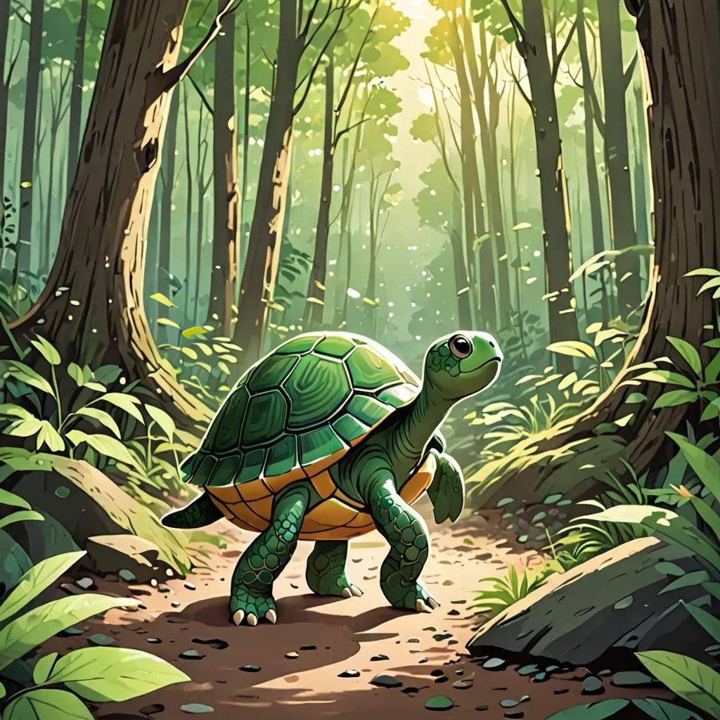 a cartoon turtle walking through a forest with trees and leaves on the ground and sunlight shining through the trees, altermodern, a storybook illustration, Chris LaBrooy, magic the gathering artwork