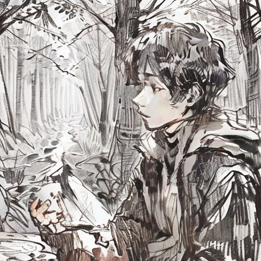 a drawing of a boy sitting in the woods with a bird in his hand and a dog in his lap