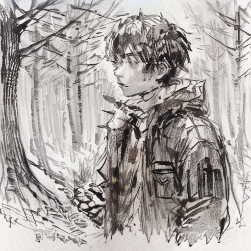 a drawing of a man standing in the woods with a backpack on his back and a tree behind him