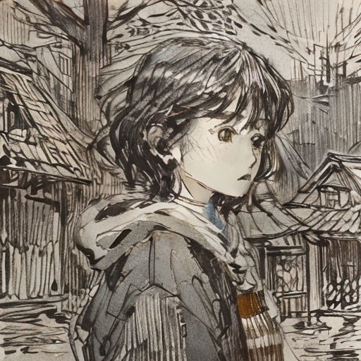 a drawing of a girl in a coat and scarf looking at something in the distance with buildings in the background