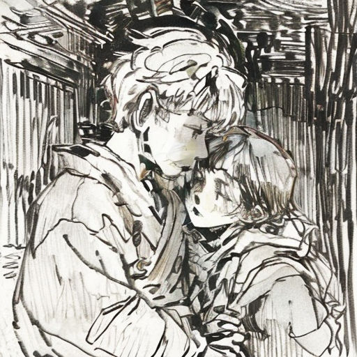 a drawing of a man and a child hugging each other in a room with a wall of lights behind them