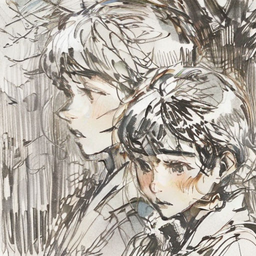 a drawing of two people with a tree in the background and a building in the background with a fence
