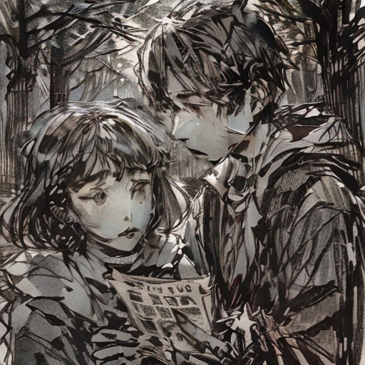 a drawing of two people reading a book in the woods with trees in the background and snow falling on them