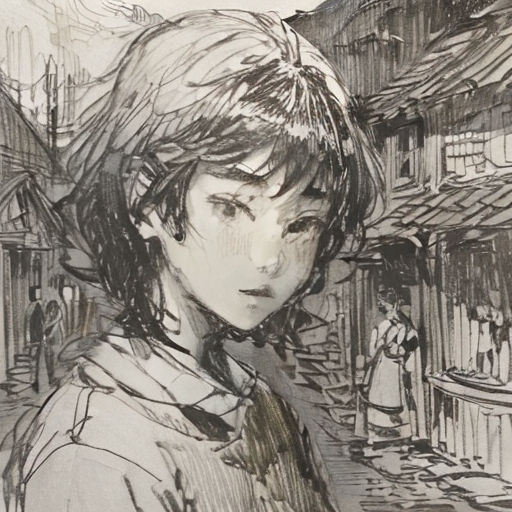 a drawing of a woman standing in front of a building with a man standing next to her and a woman standing in front of her