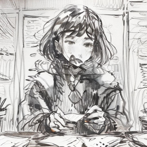 a drawing of a woman sitting at a table with a cup of coffee in her hand and a book in her other hand