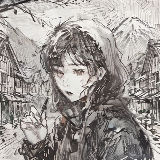a drawing of a woman in a coat and scarf holding a cigarette in her hand and looking at the camera