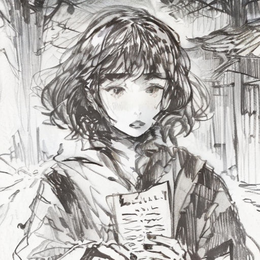 a drawing of a girl holding a book in her hands and looking at the viewer's hand with a bird flying overhead