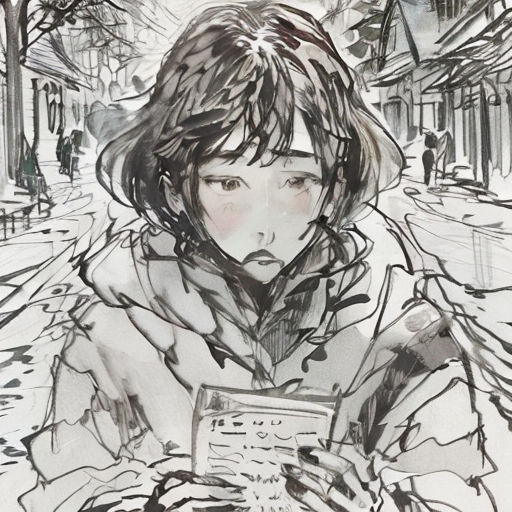 a drawing of a woman holding a book in the snow with a city street in the background and a person walking down the street