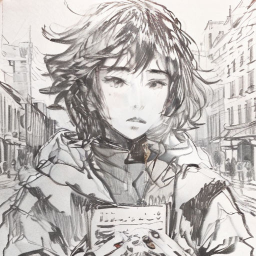 a drawing of a woman holding a box in her hands and looking at the camera with a serious look on her face