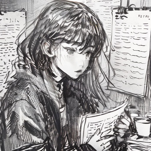 a drawing of a girl reading a book and drinking a cup of coffee in a cafe with a window