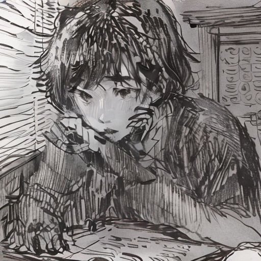 a drawing of a person sitting at a table with a book in front of them and a pen and ink drawing of a person sitting at a table