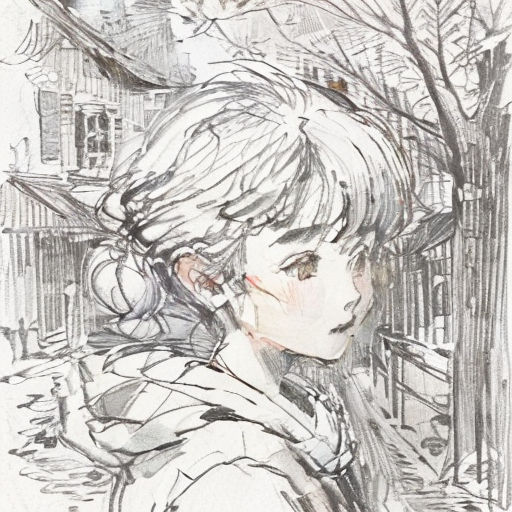 a drawing of a woman with a bird on her shoulder and a tree in the background with a building in the background