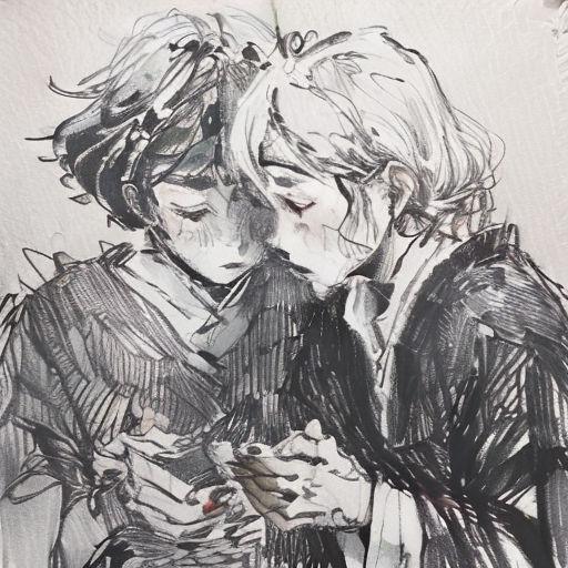a drawing of two people hugging each other with their hands together, one of them is holding a phone