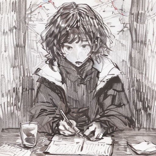 a drawing of a person sitting at a table with a pen and paper in front of them and a glass of water