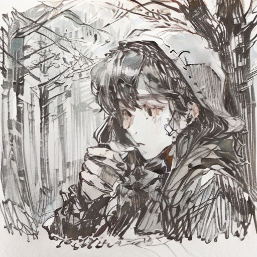 a drawing of a person sitting in a forest with a cell phone to their ear and a tree behind them