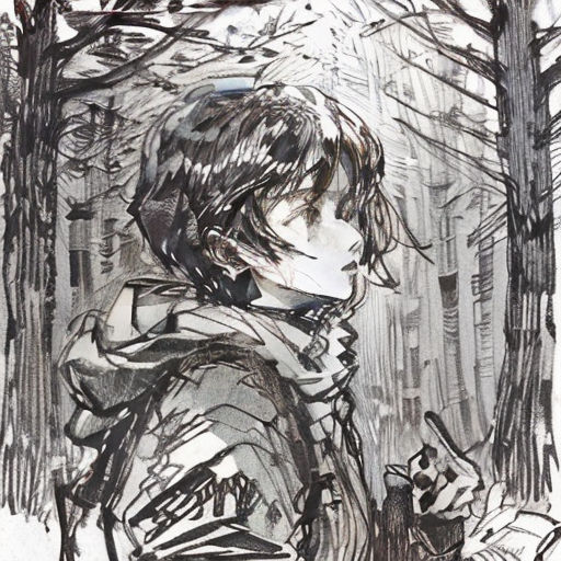 a drawing of a person in a coat in the woods with a dog in the foreground and a tree in the background