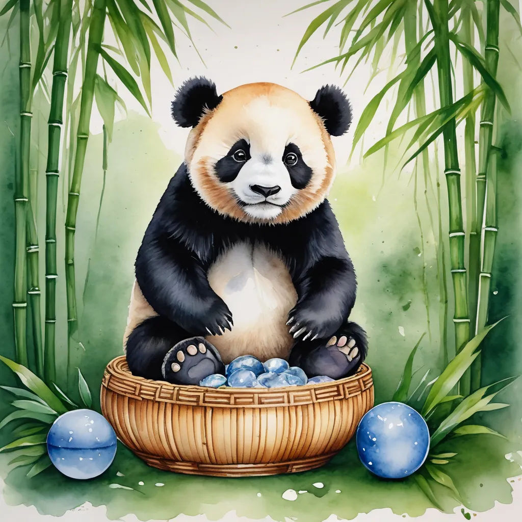 a panda bear sitting in a bamboo basket with eggs in it's paws and bamboo trees behind him, cloisonnism, a digital painting, Fan Qi, highly detailed digital painting