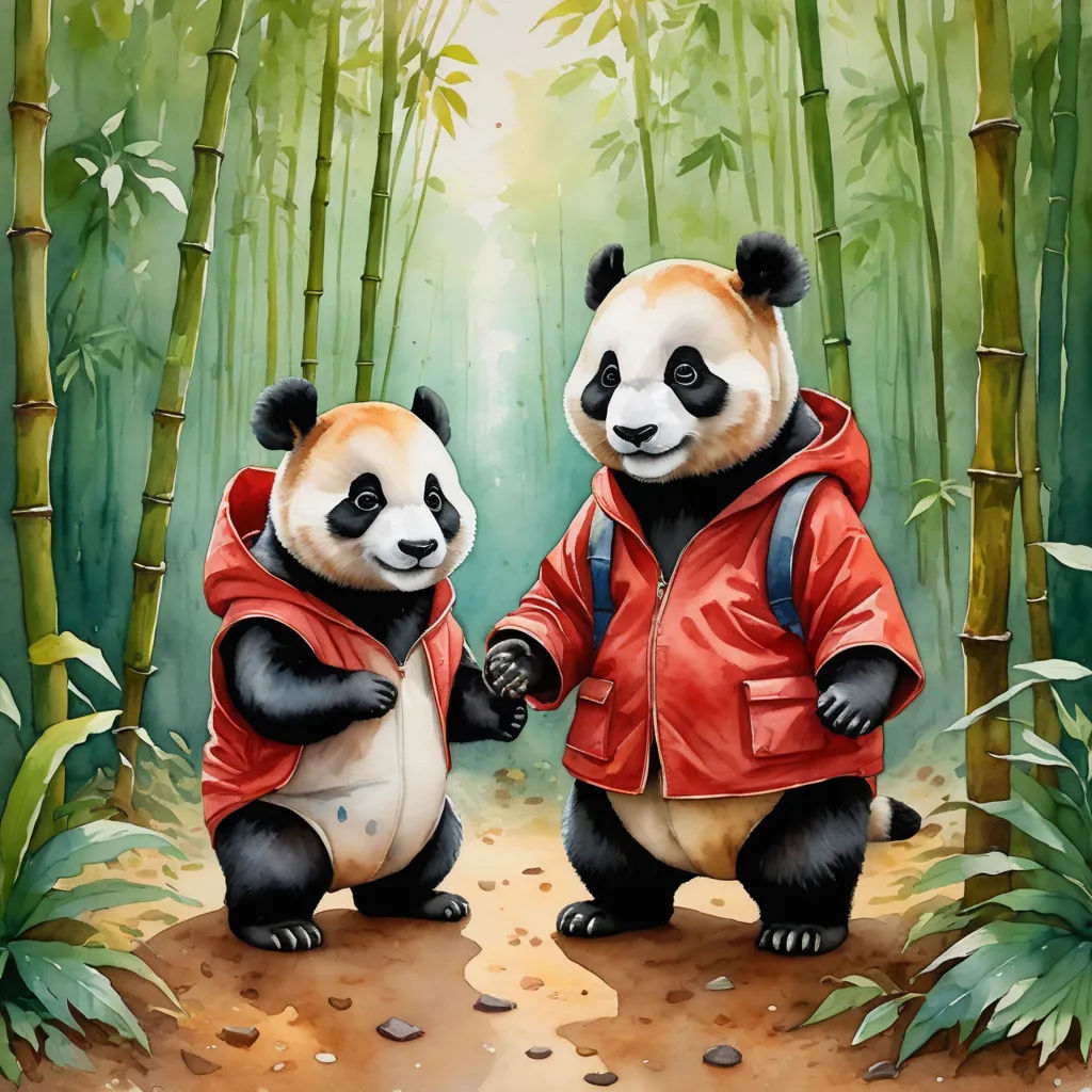 two panda bears standing in a bamboo forest holding hands and shaking hands with each other, with bamboo trees in the background, naive art, an oil painting, Chris LaBrooy, trending on art station