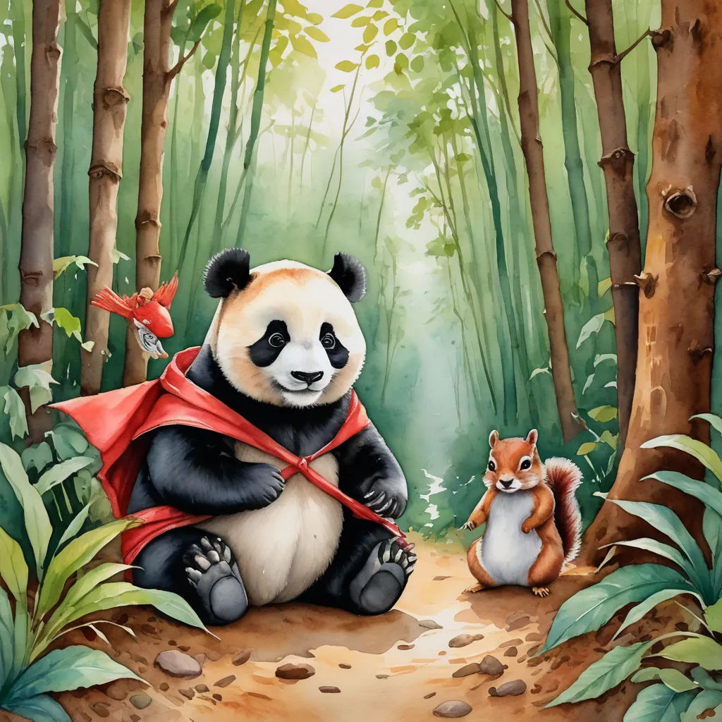 a panda bear sitting on a path with a squirrel in the woods behind him and a forest scene behind him, fantasy art, a storybook illustration, Arthur Pan, storybook illustration