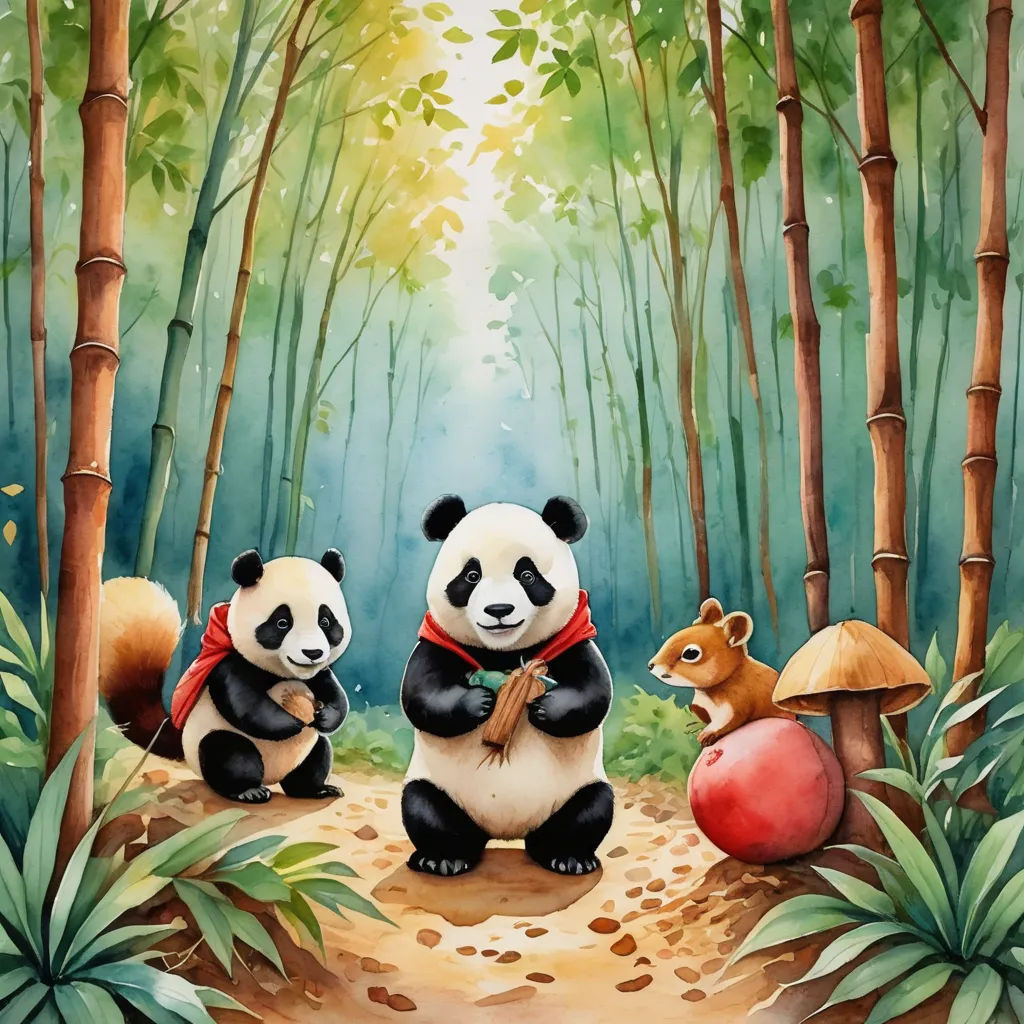 a painting of two pandas in the woods with mushrooms and mushrooms on the ground and a squirrel on the ground, fantasy art, a storybook illustration, Chen Hong, storybook illustration