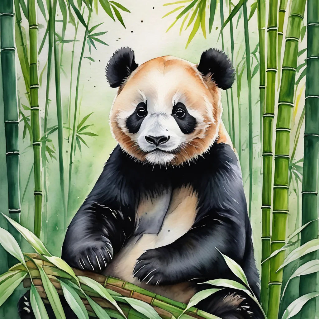 a panda bear sitting on a bamboo tree branch in a forest of bamboos with a white background and a green background, cloisonnism, a watercolor painting, Fan Qi, professional digital painting