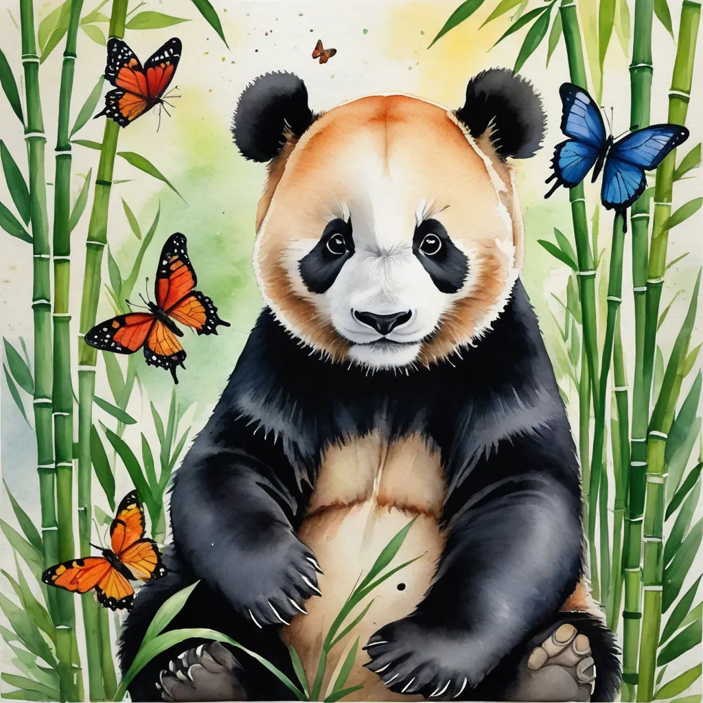 a panda bear sitting in the grass with butterflies around him and a butterfly on the back of it's head, cloisonnism, an airbrush painting, Fan Qi, professional digital painting