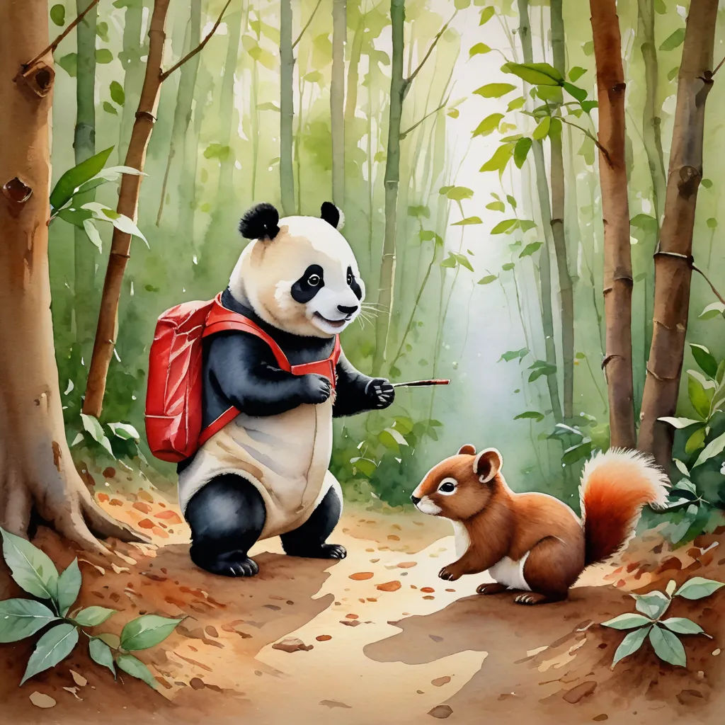 a painting of a panda bear and a squirrel in the woods with a red backpack on their back and a red backpack on their shoulder, pop surrealism, a storybook illustration, Chris LaBrooy, storybook illustration