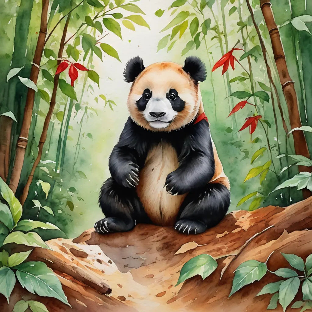 a painting of a panda bear sitting on a log in a forest with red leaves on the trees and a path, environmental art, a watercolor painting, Chen Hong, in gouache detailed paintings
