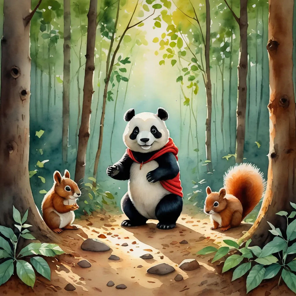 a painting of a panda bear and two squirrels in the woods with sunlight coming through the trees and leaves, fantasy art, a storybook illustration, Chris LaBrooy, official art