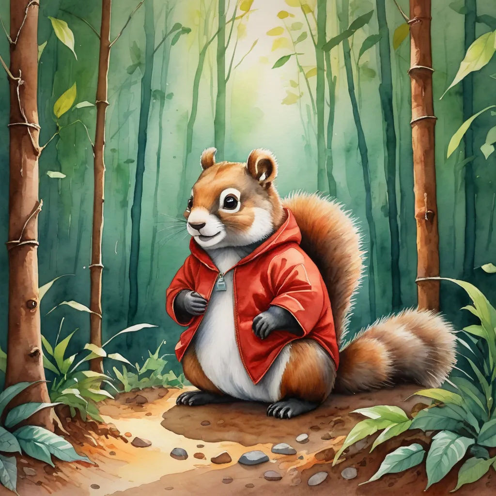 a painting of a squirrel in a red jacket in a forest with rocks and trees in the background and a path leading to the ground, furry art, a digital painting, Chris LaBrooy, trending on art station