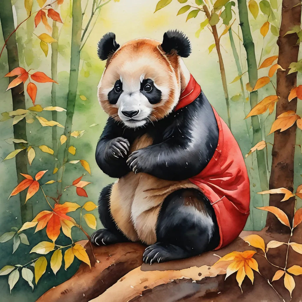 a painting of a panda bear sitting on a tree branch in a forest with autumn leaves and a red scarf, figurative art, a watercolor painting, Chen Hong, trending on art station