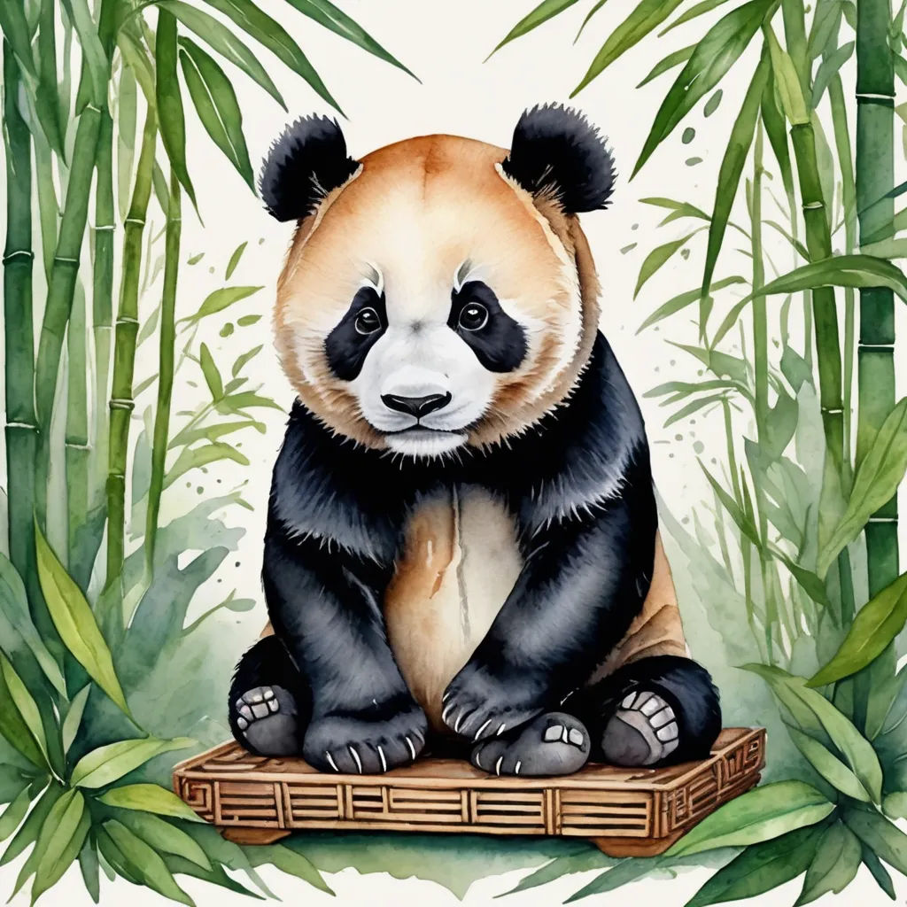 a panda bear sitting on a bamboo crate in the jungle with bamboo leaves around it and a white background, cloisonnism, a watercolor painting, Fan Qi, professional digital painting