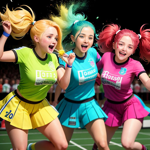three girls in colorful outfits are running on a tennis court with colored powder all over their bodies and hands
